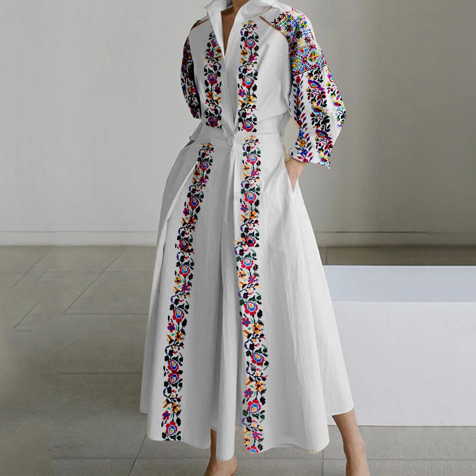 ROBE CHEMISE LONGUE IMPRIMÉE À POCHES LATÉRALES