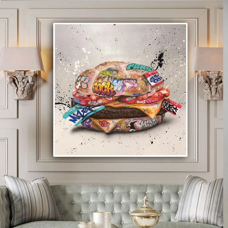 

Modern Graffiti Art Hamburger Poster Print Street Fast Food Hamburger Graffiti Canvas Painting Picture Living Room Kitchen Decor