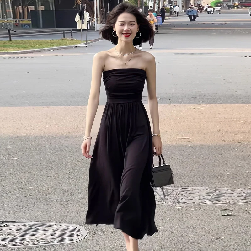 

Black Strapless Dress Women Summer Solid Color Casual Elegant A-line Midi Dress