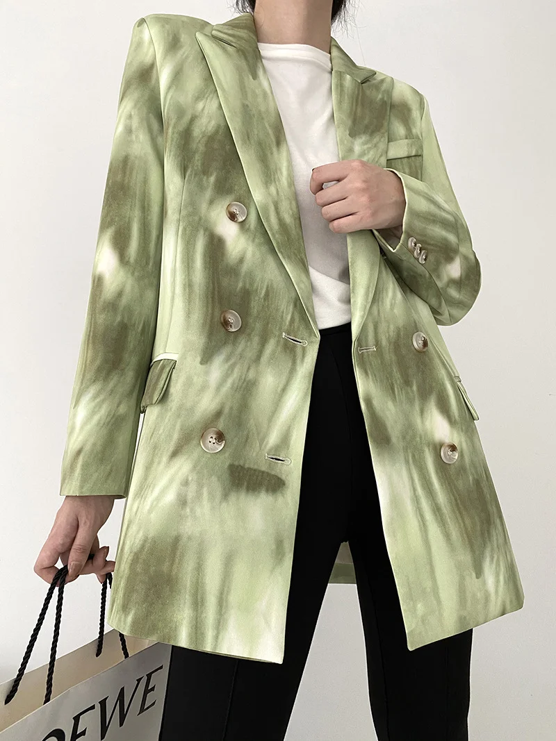 Casual Simple Gradient Color Blazer 2023 Women New Fashion Mid-Length Double Breasted Commute Office Blazer Autumn Winter Suit