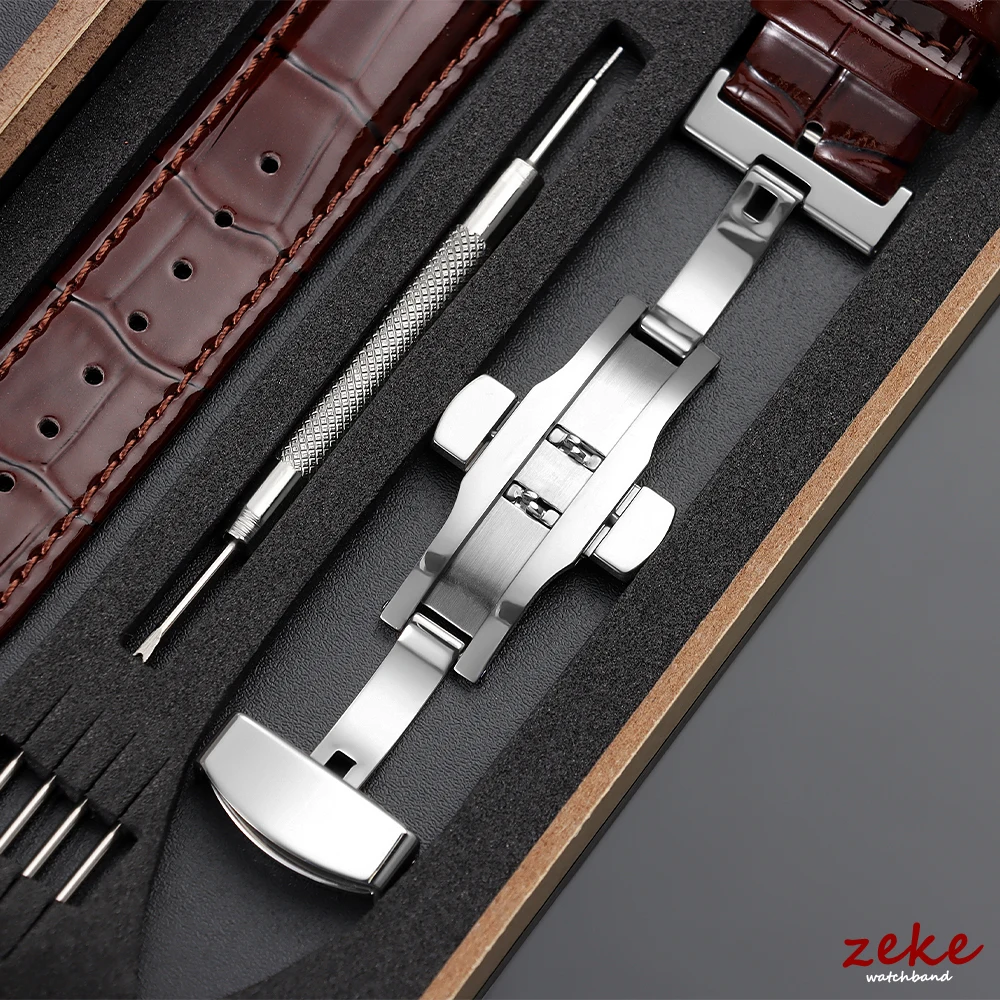 Luxurious Polished Genuine Leather Watch Band with Elegant Wooden Box and Butterfly Buckle - Available in Multiple Sizes