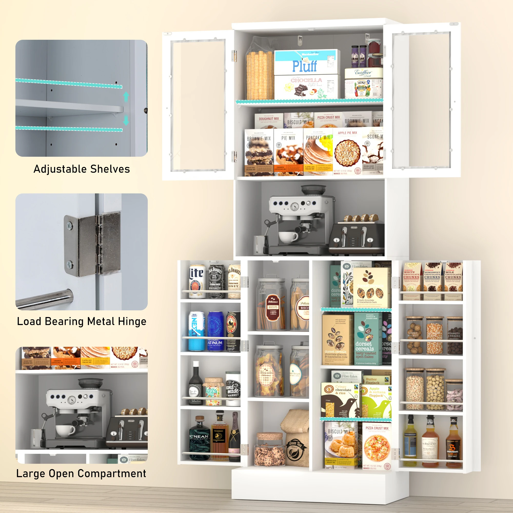 71&rdquo; Tall Freestanding Pantry Cabinet with Adjustable Shelves, Kitchen Pantry Storage Cabinet with Glass Doors & Microwave Stand
