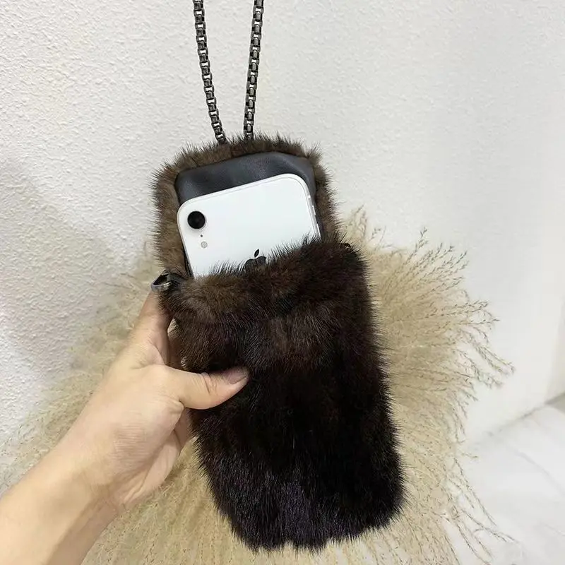 Luxury Real Mink Fur Bag Crossbody Bags For Women Autumn Winter Plush Purses And Handbags Female Phone Shoulder Bag Girls Purse