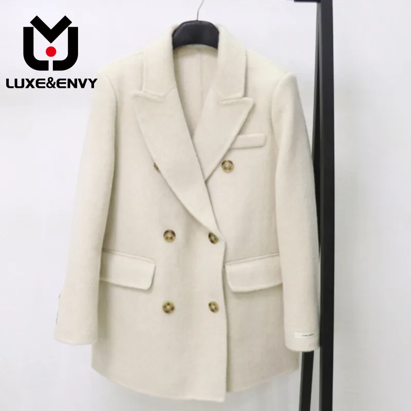 

LUXE&ENVY New Sheep Camel Double Sided Cashmere Coat High End Temperament Double Breasted Suit Woolen Coat Thickened 2023 Autumn