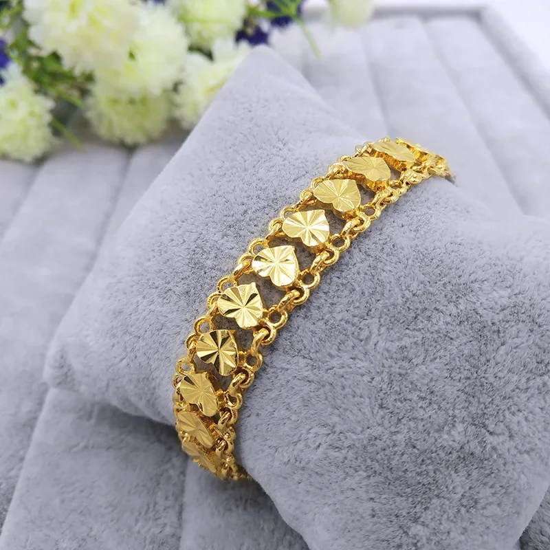 

CHUANGCHENG Hot Sale 24k Gold Heart 8 Inch Bracelet Women Love Lace Link Chain Girls Fashion Jewelry Gifts