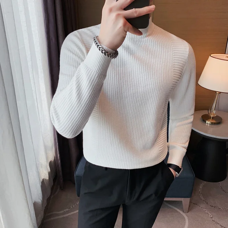 New Daily Sweater Men's Winter Thickened Sweater Half High  Neck Casual Slim Fashion Handsome Solid Color All-matching  Leggings