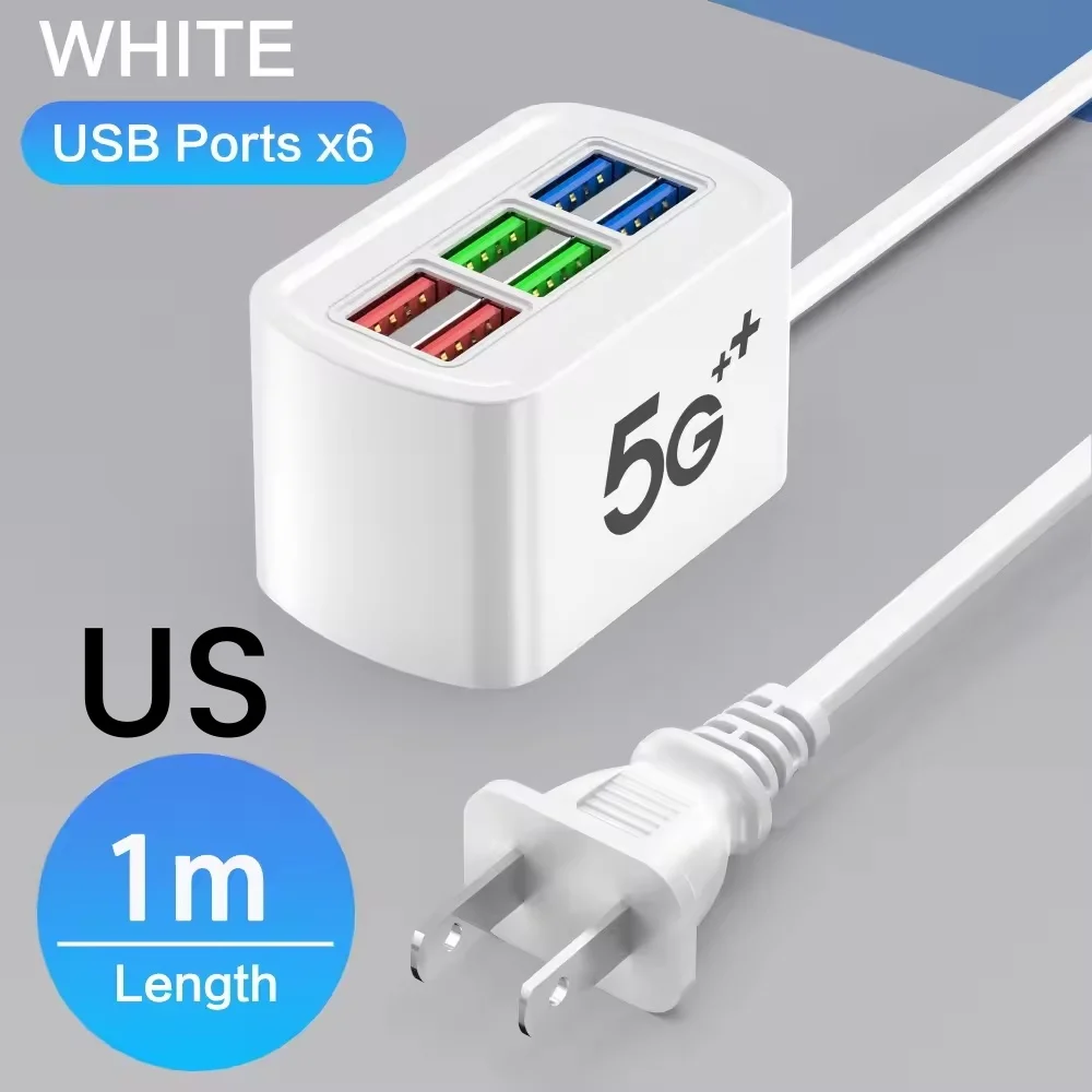 6-in-1 Fast Charging USB Power Station with 1m Cord and Multi-Plug Options