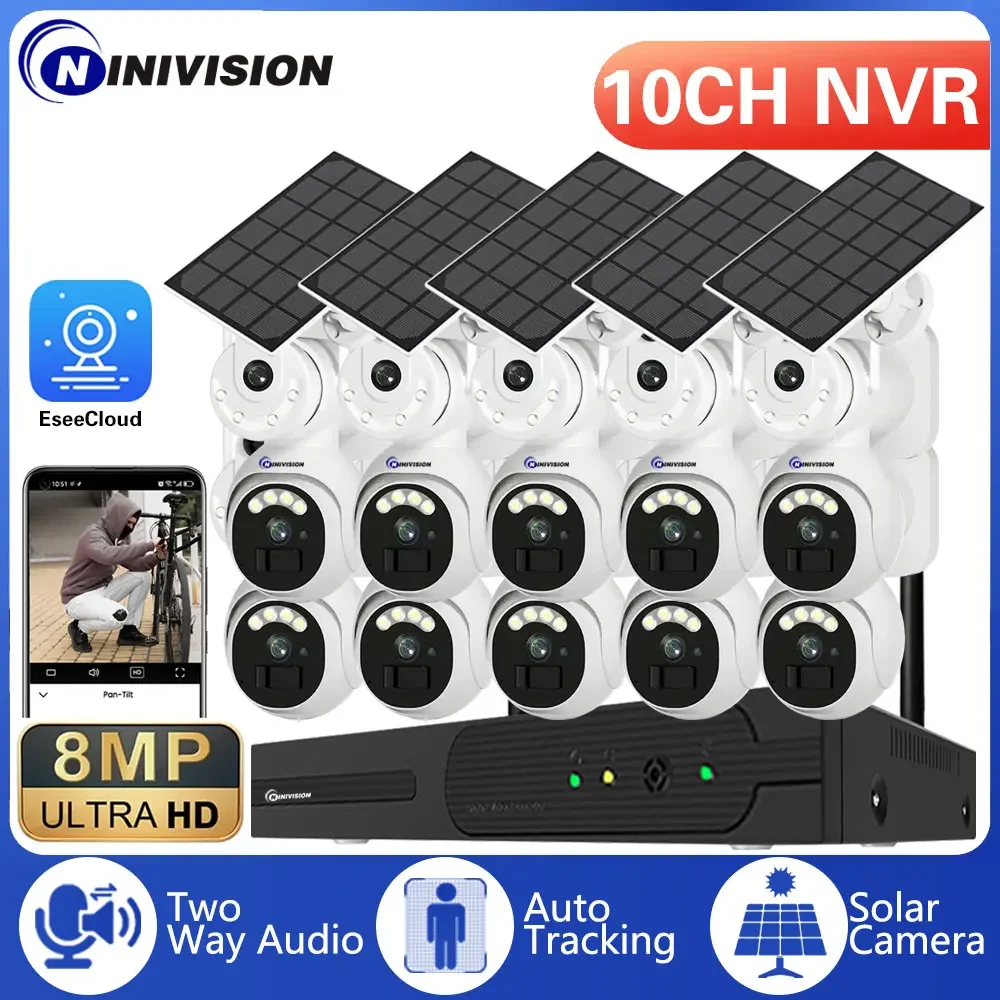 

4K 8MP Wifi Surveillance Dual Lens Solar PTZ Cameras Kit 10CH NVR Security System Wireless Two Way Talk CCTV Set Auto Tracking