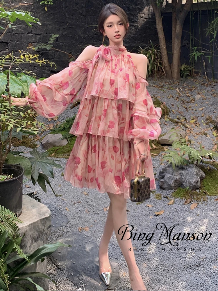 

2024 French Style Tea Break Skirt Sweet Spring/Summer Fragmented Flower Dress Holiday Style Small Fairy Sling Dress