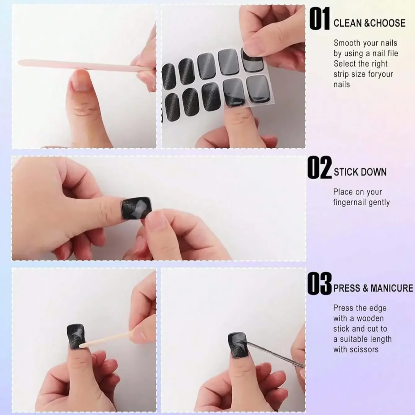20 Tipps Black Cat Eye Reine Farbe Glänzend Halbhärteter Langlebiger Nagelkleber Kunstaufkleber mit Nagelfeile Nail Art UV-Licht erforderlich – Detail 3