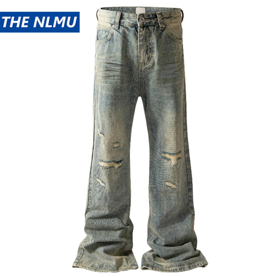 

Men's Vintage Ripped Jeans Distressed Hole Blue Flared Jeans Trousers Luxury Designer Male Denim Pants