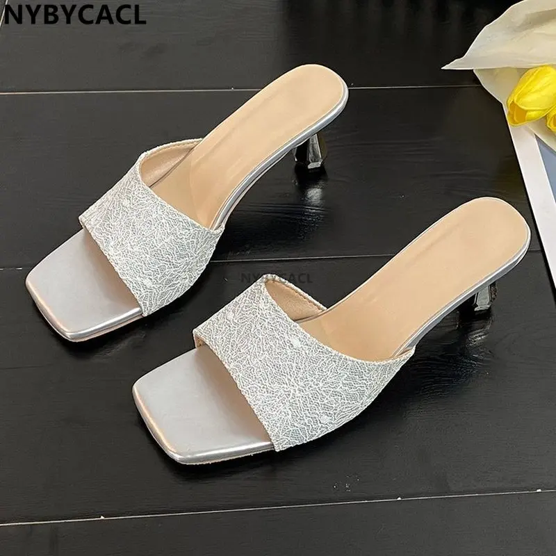 

2023 Summer Ins Women's High Heels Sexy Square Toe Black Square Toe Stilettos Fashion Design Open Toe Mules Solid Color Pumps