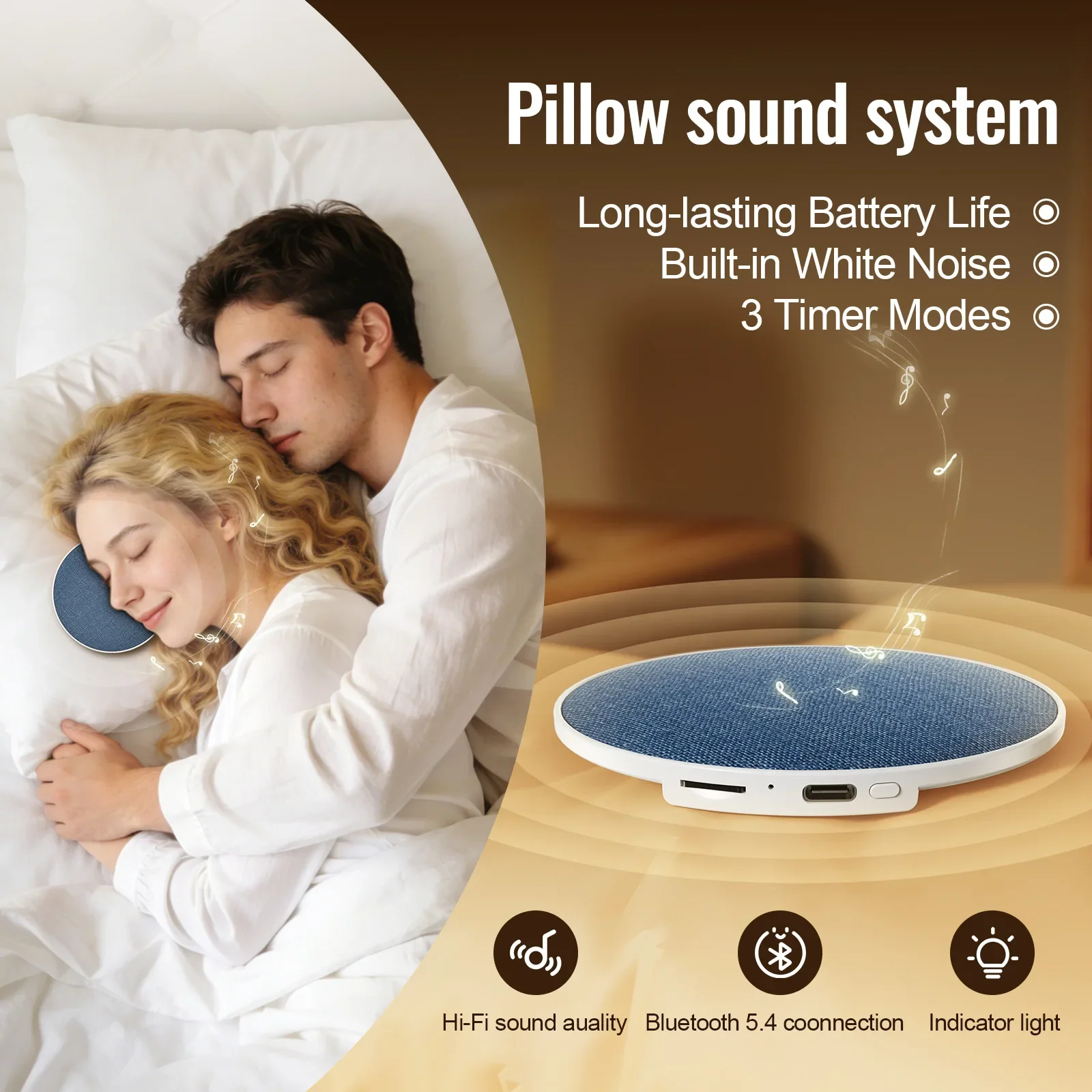 Wireless Pillow Speaker Sleep Aid 360&deg; Surround Sound Bluetooth 5.4 HiFi Stereo Sound Private Audio