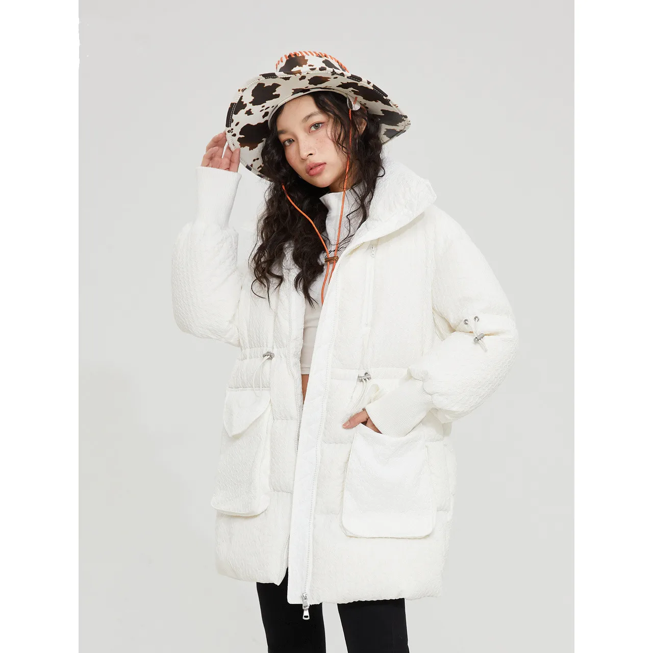 Metersbonwe Women's Winter Adjustable Waist Loose Duck's Down Jackets Solid Color Stand Collar Medium-Length Ladies Warm OutWear