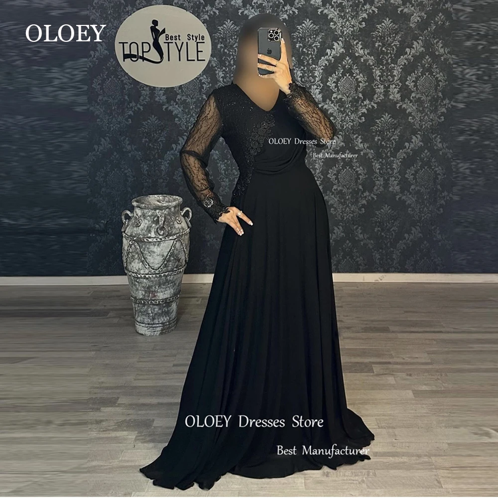 

OLOEY Modest Black Women Evening Dresses Dubai Arabic Long Sleeves V Neck Applique Lace Prom Gowns Mother Formal Occasion