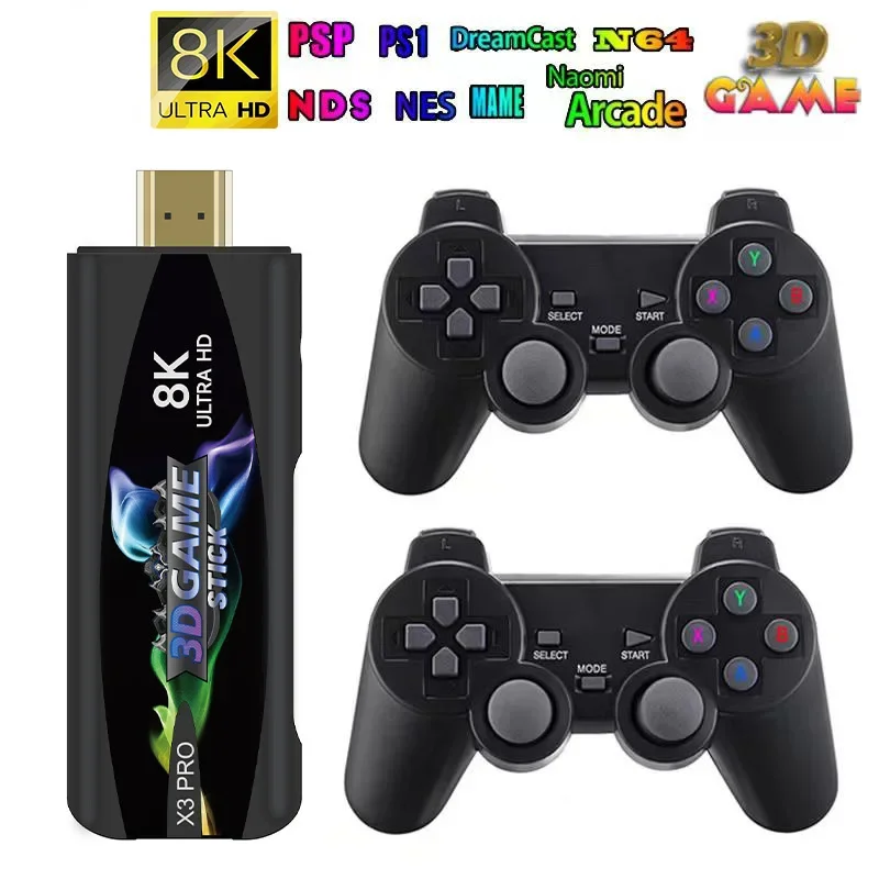 MOAO X3pro Dual System Game 8K Retro Video Games Console with Wireless Controller 3D USB Stick 64G 30000+ Games For PSP TV BOX