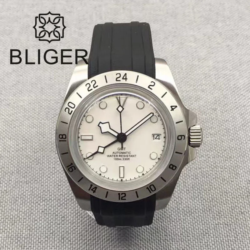 

Автоматические часы BLIGER NH34A для мужчин 40 мм, белый, синий, черный циферблат, зеленый светящийся куполообразный хрусталь, резиновый ремешок, винтовая Корона