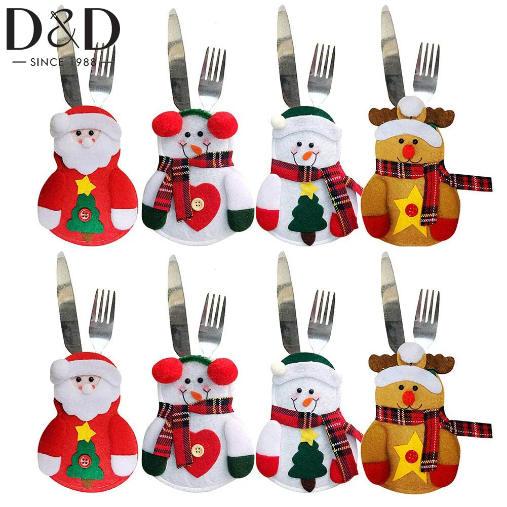 

2/4Pcs Christmas Snowman Cutlery Silverware Holders Pockets Knifes Forks Bag Santa Suit Xmas Deer Party Dinner Table Decoration