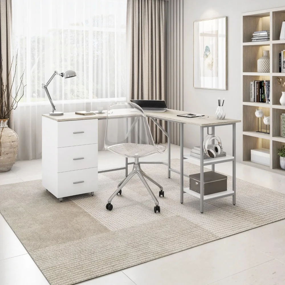 

Laptop Desk L-Shape Home Office Desk with Storage Computer Offices Desks Furniture Powder-coated Steel Frame Free Delivery