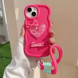 Charming Love Heart & Bow Wavy Silicone Phone Case with Hanging Rope for Poco X5Pro (Rose Red)
