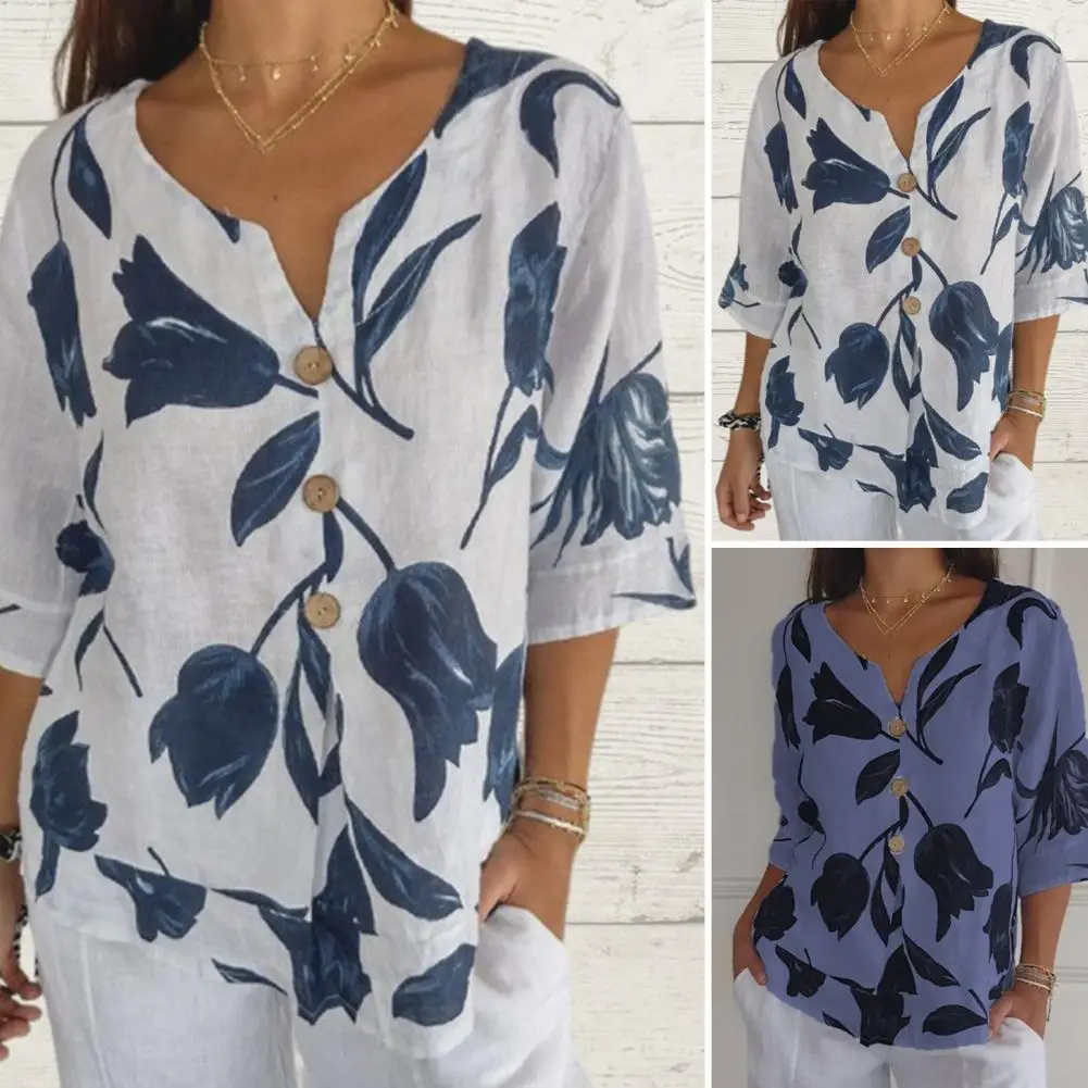 Women Printed V-neck Shirt Leaf Printed V Neck Blouse for Women Retro Style Three Quarter Sleeve Shirt Soft for Spring