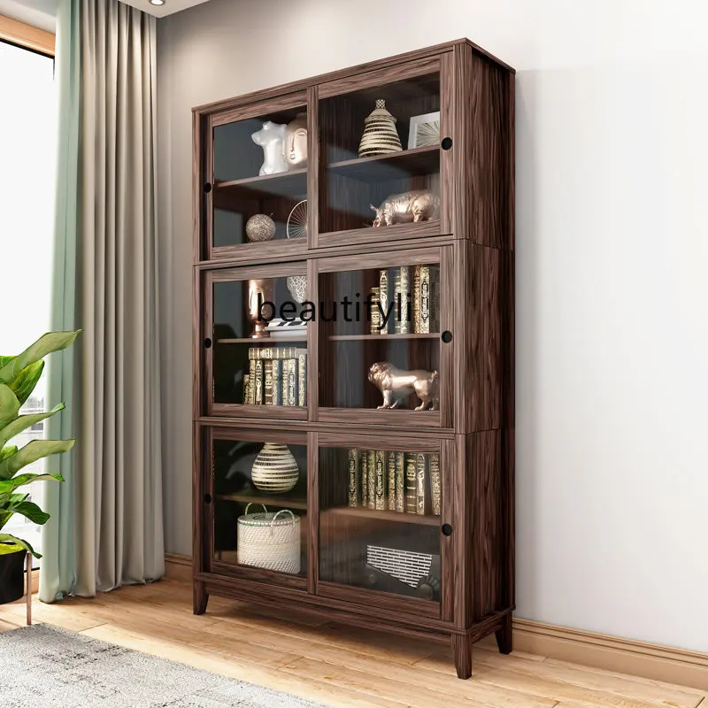 

American Bookcase with Door and Glass Door Display Cabinet Wall Living Room Locker Floor Combination Push-Pull Bookshelf
