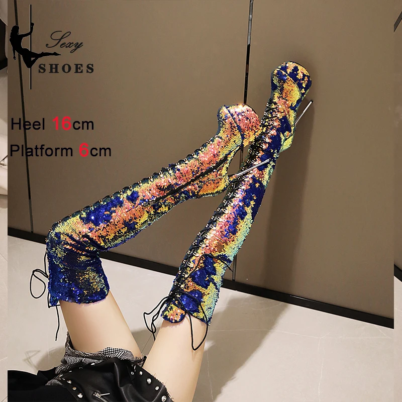 Winter Women's Over-the-knee Boots with Platform Ultrahigh Thin Heels 16CM/6.3Inchs Thigh Boots Women Short Plush Stripper Heels