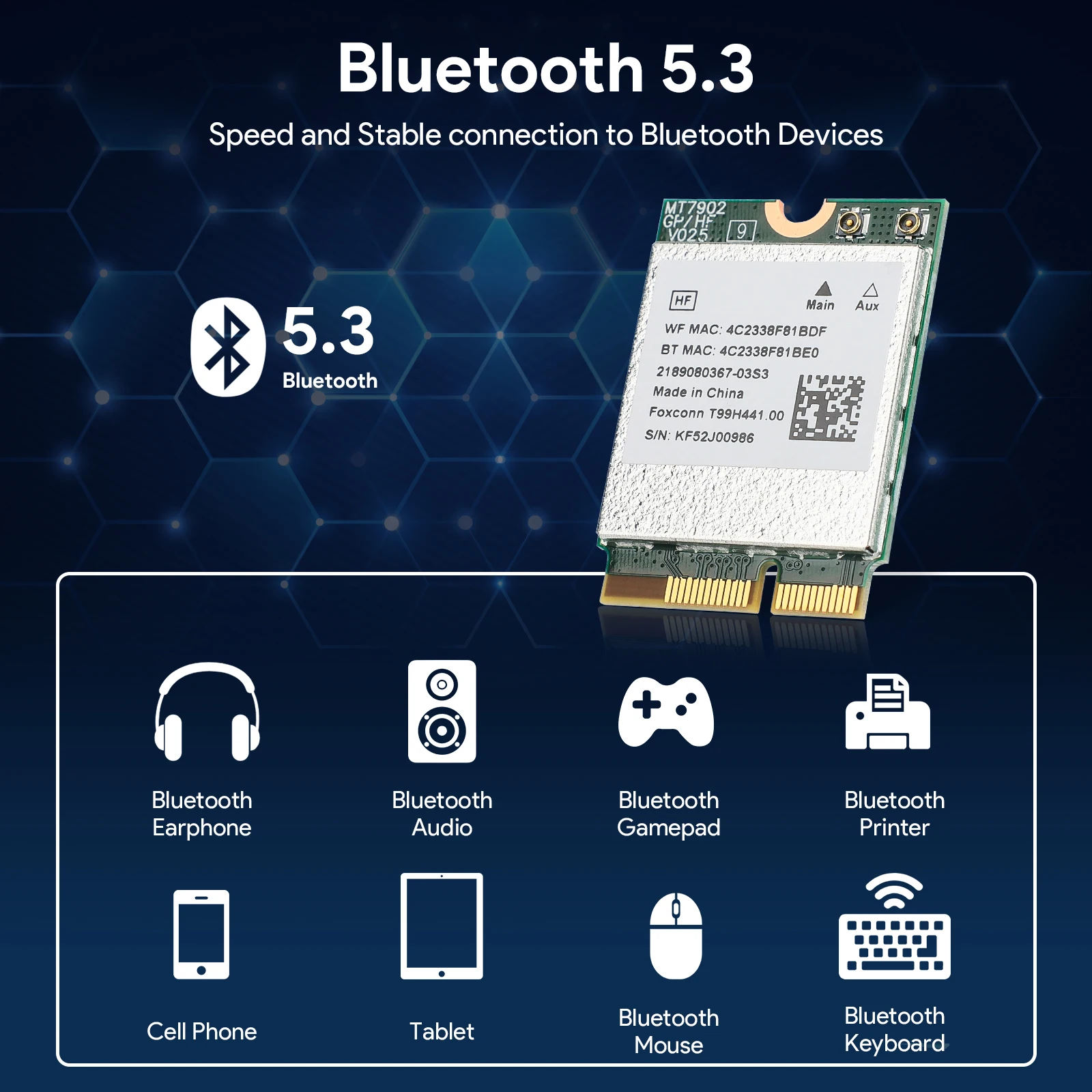 EDUP MT7902 Wi-Fi 6E 블루투스 5.3 무선 네트워크 카드 M.2 2230 E 키 트라이밴드 2.4G/5G/6GHz PCIe 와이파이 어댑터 (윈도우 10/11용)