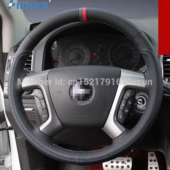 

Чехол на руль для Chevrolet Captiva, сшитый вручную, нескользящий, черная кожа, красная, синяя нить