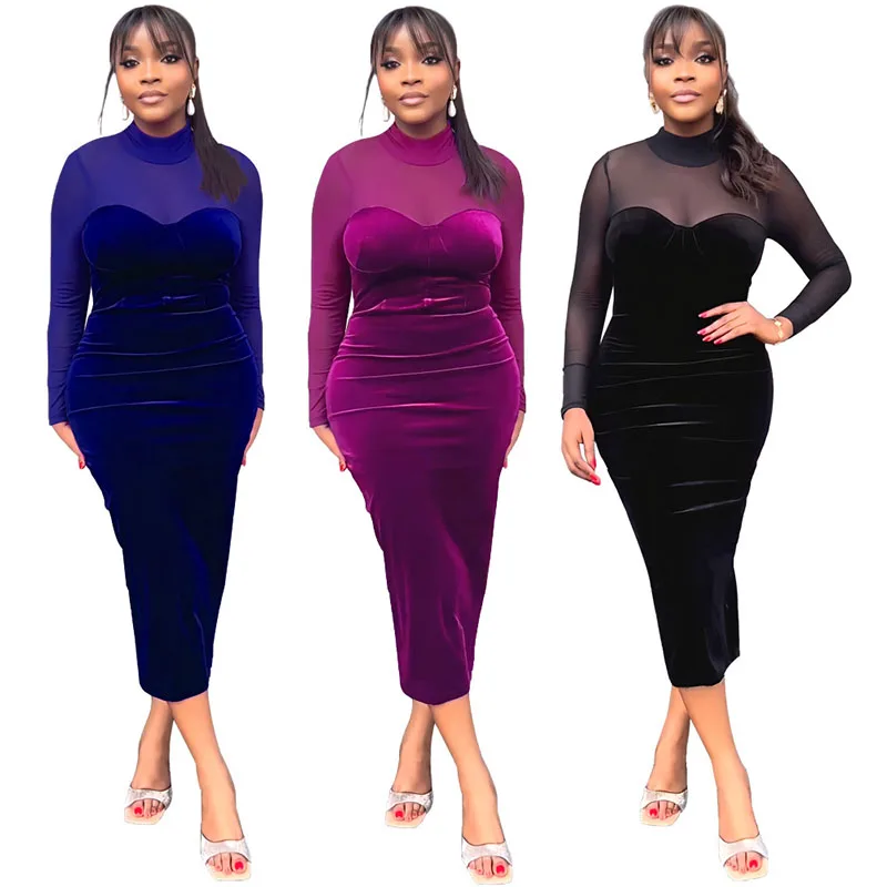 

Velvet Sexy Sheer Mesh See Through Package Hip Dress Women Full Sleeve Bodycon Mid Dresses Evening Party Robe Africaine Vestidos