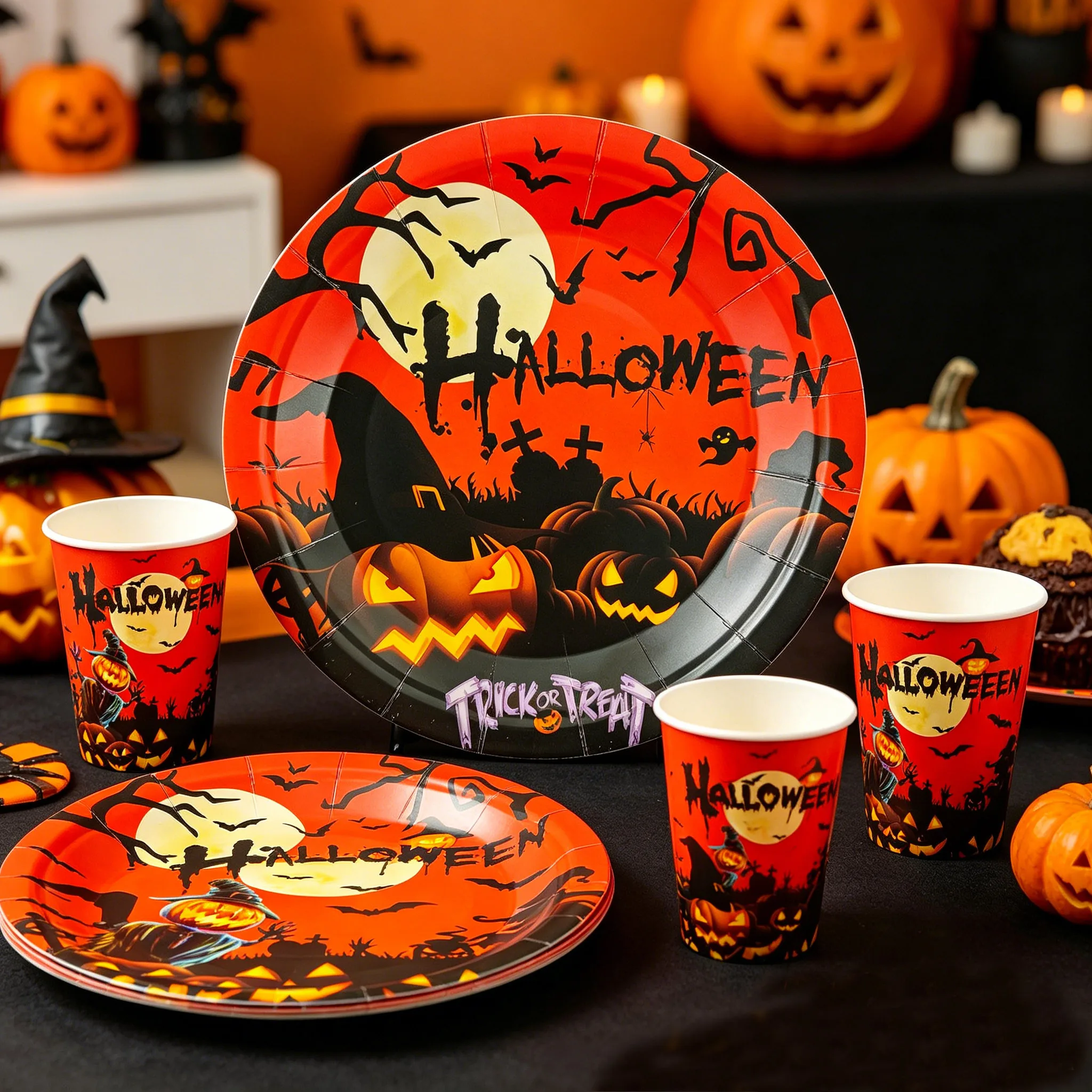Halloween Theme Disposable Tableware Paper Plates Cups Napkins Pumpkin Castle Ghost Halloween Party Decor Dinner Table Supplies