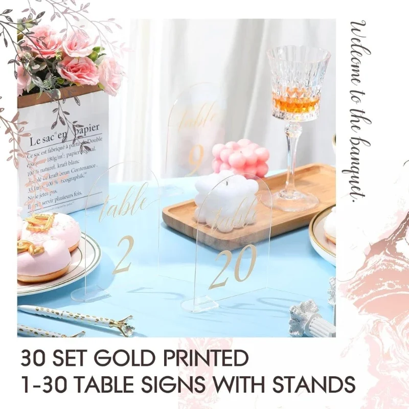 30pcs Arched Acrylic Sign 1-30 Table Signs Clear Table Number Display Stand for Wedding Reception Event Party Restaurant