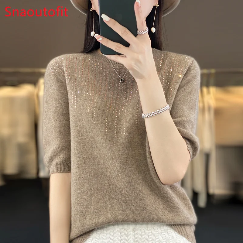 

Spring and Summer O/V-neck Diamond Insert Merino Wool Knit Sweater Women's Chic Loose Jumper High Stretch Cashmere Pullover Tops
