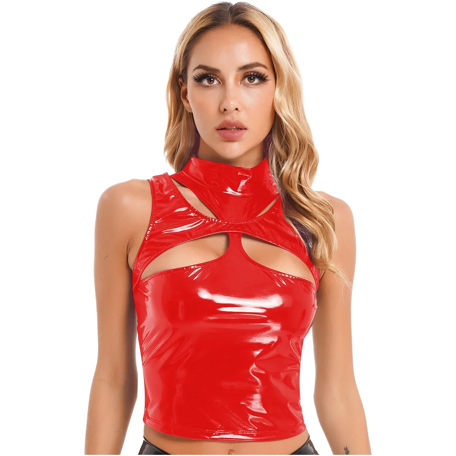 

Women Faux Latex Cutout Sleeveless Vest Top Wet Look Patent Leather Mock Neck T-shirt Camisole PVC Dance Pole Clubwear Custom