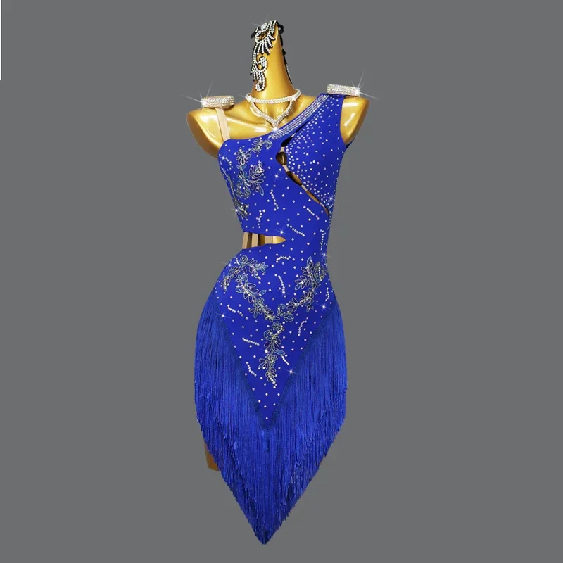 

Blue Latin Dance Professional Competition Dress Sexy Fringed Short Skirt Ballroom Practice Wear Costume Ladies Samba Cabaret Cha