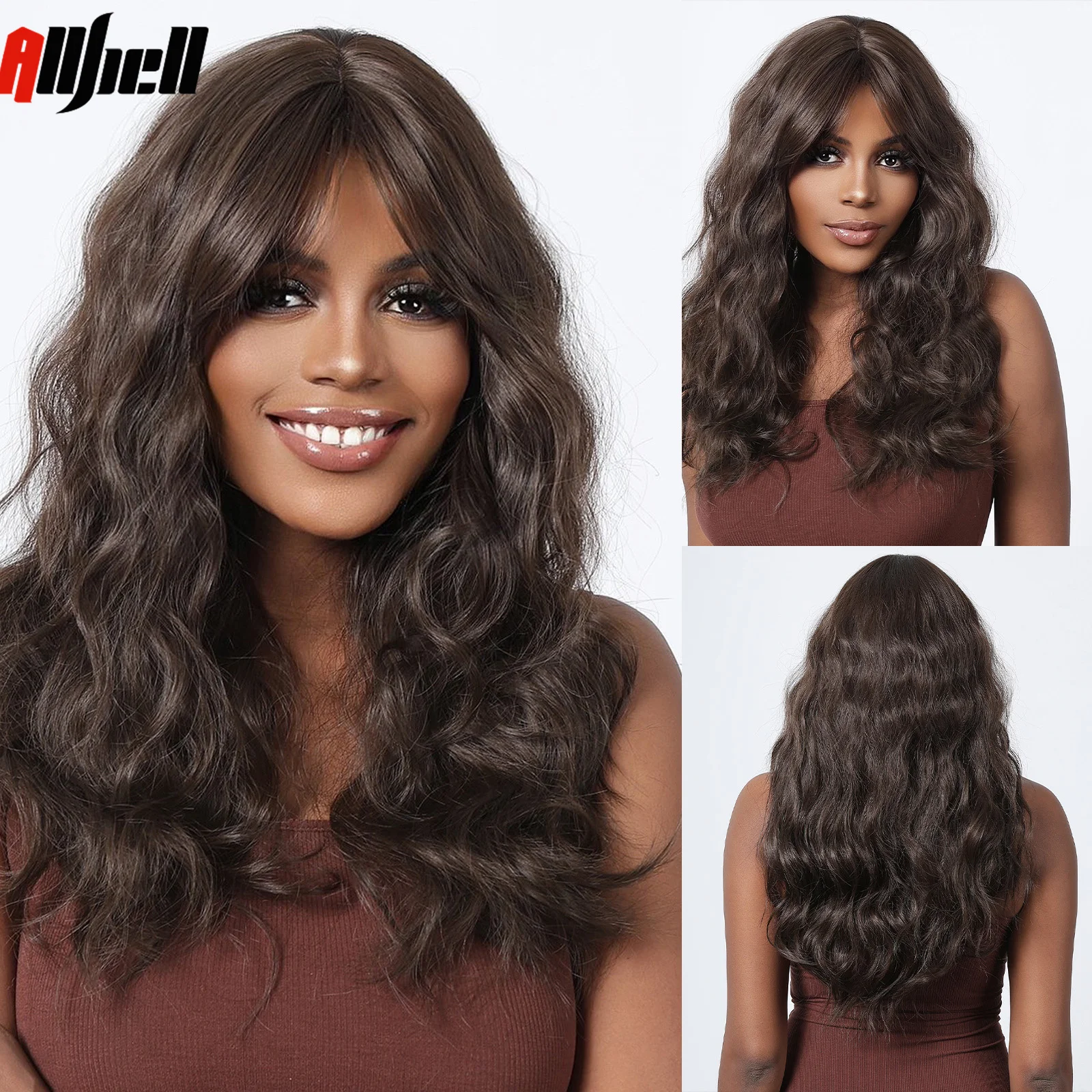 

Dark Brown Long Curly Fluffy Wavy Synthetic Wigs with Bangs Daily Natural Hairs for Black Women Cosplay High Temperature Wig
