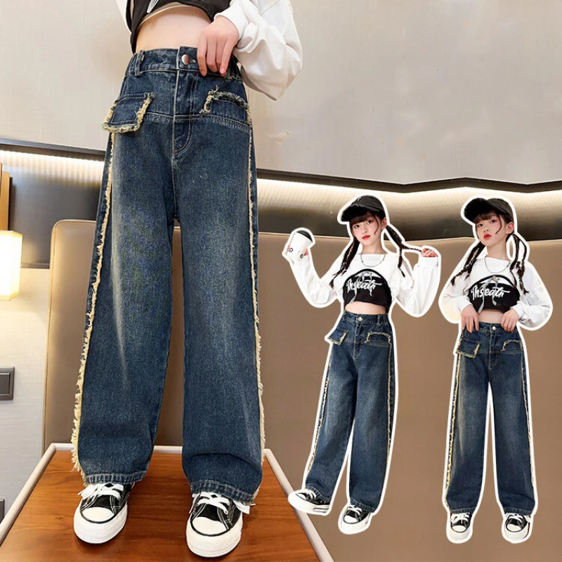 

Демисезонные джинсовые брюки с широкими штанинами для девочек, новинка 2024, модные джинсовые брюки с меховыми краями для детей старшего возраста