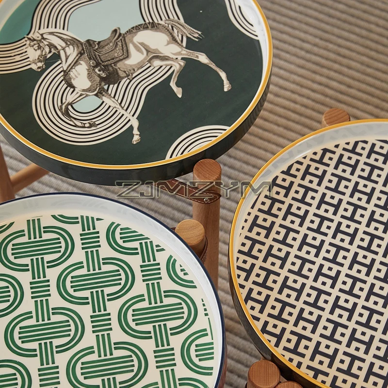 Description Picture 2 of itemRound Side Table with 40cm Ceramic Tray, Wood Stand End Table for Small Spaces, Nightstand for Living Room, Bedroom