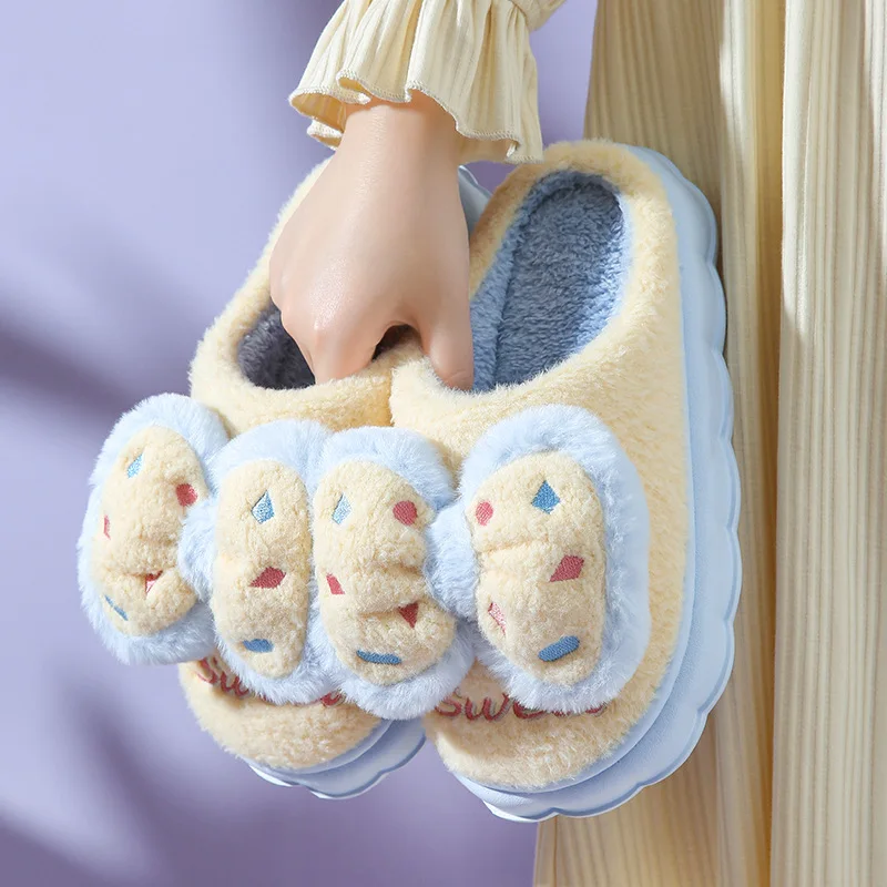 Home Cotton Shoes For Women Bow Autumn Winter Warm Non-slip Indoor Girl Color Contrast Cute Comfortable Fluffy Cotton Slippers