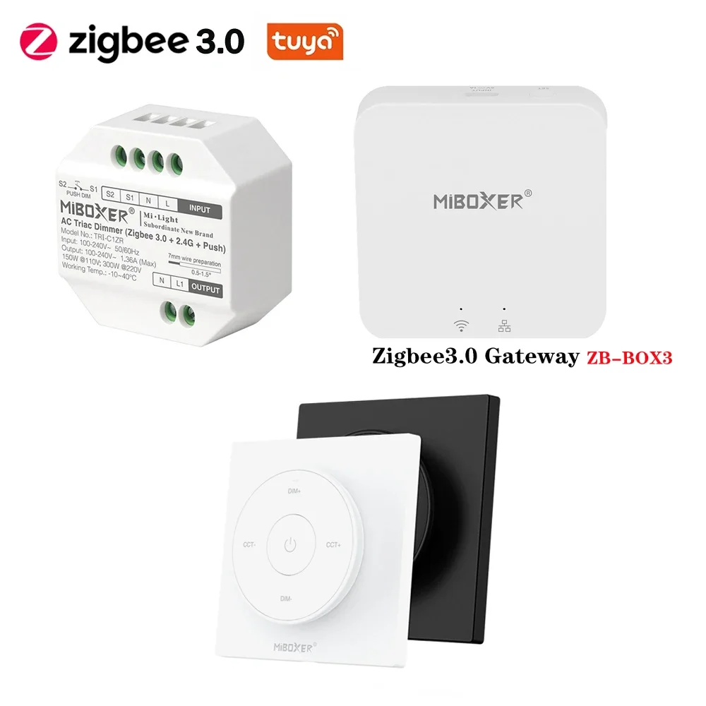 MiBoxer (ZigBee 3.0+2.4G) AC Triac Dimmer Push Switch RF Push Dimmer 110-240V TUYA App /Voice /Remote Control/ZB-BOX3 miboxer tuya app remote voice control timing child lock memory uk eu