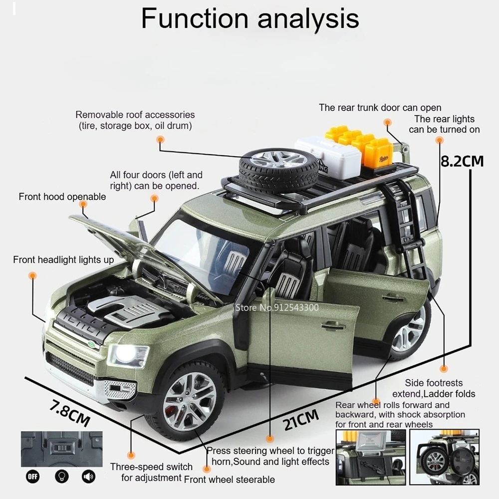 1:24 Land Rover DEFENDER Toy Car with Sound, Light & Shock Absorption Features