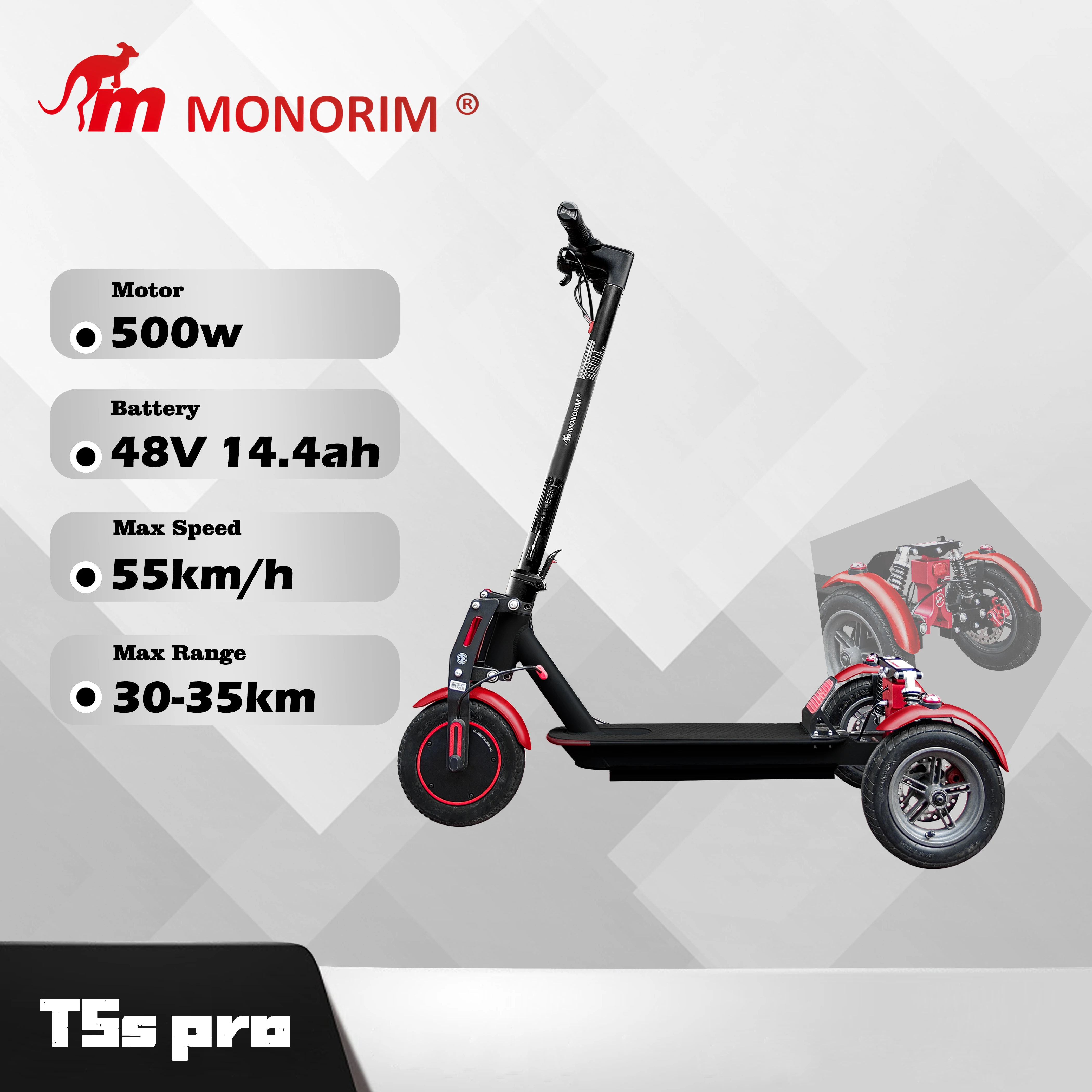 

Monorim T5S Pro Electric Scooter X3 Wheel 48v 500w 14.4ah Max Speed 55km/h, Dual Rear Wheels for Extra Stability