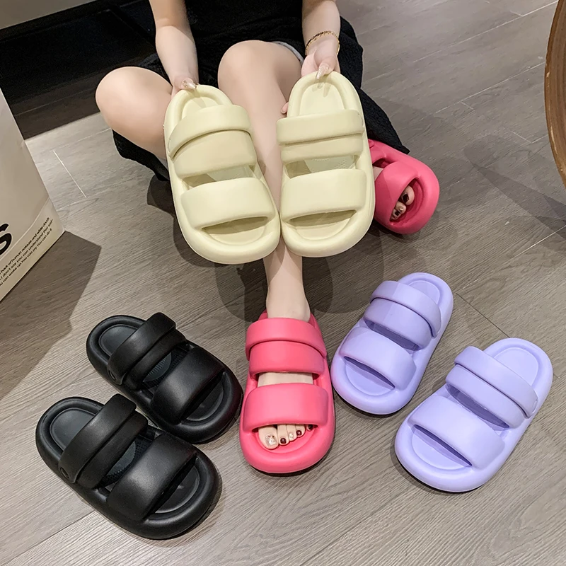 Women's Summer New Cute Thick Sole Sandals Slippers Non Slip Two Wear Simple Sandals External Use Slippers
