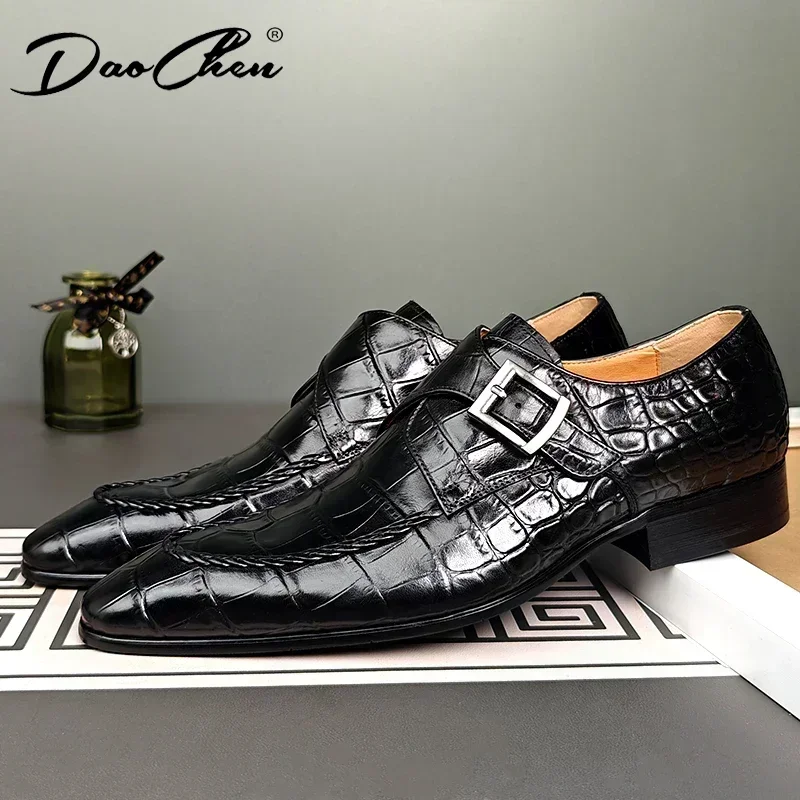 Men Dress Shoes Luxury Slip-On Black Crocodile Print Woven Pattern Loafers Wedding Office Leather