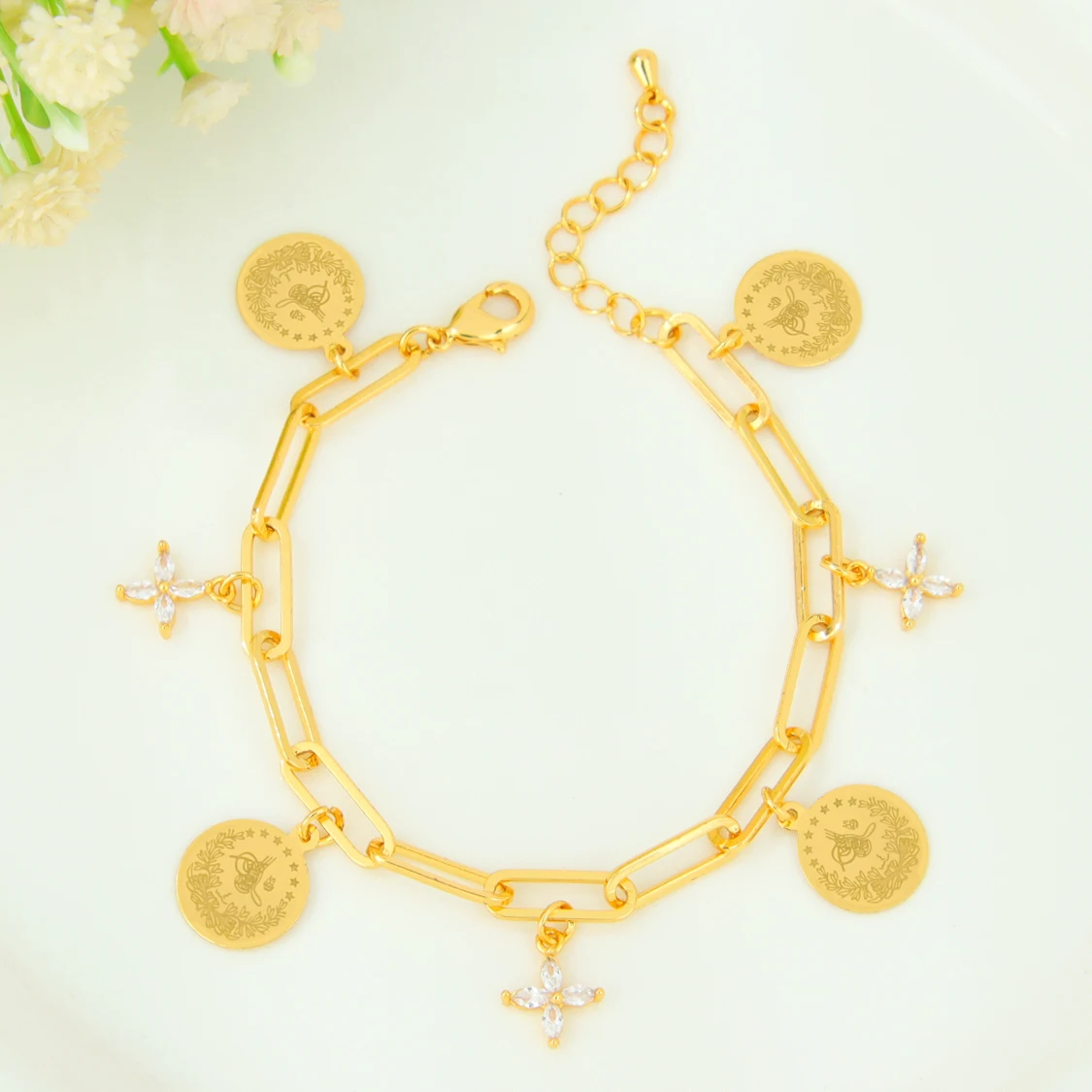 Arabisches Mode-Münzarmband 21k Vergoldet Italienische Zirkonia Charm-Armbänder Nigeria Damen Braut Hochzeit Party Schmuck – Detail 12
