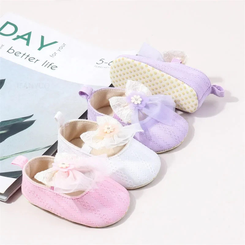 Spring Autumn New Newborn Girl Infant Flat Shoes Fashion Sweet Princess Soft Sole Toddler Shoes Mesh Lace Bow Baby First Walkers 2