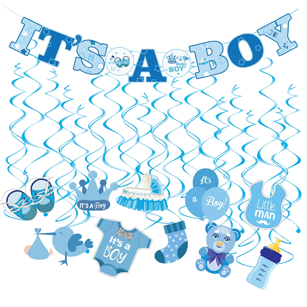 

20pcs Ceiling Hanging Swirl Blue It's A BOY Theme Baby Shower Birthday Party Home Bedroom Spiral Ornament Supplies