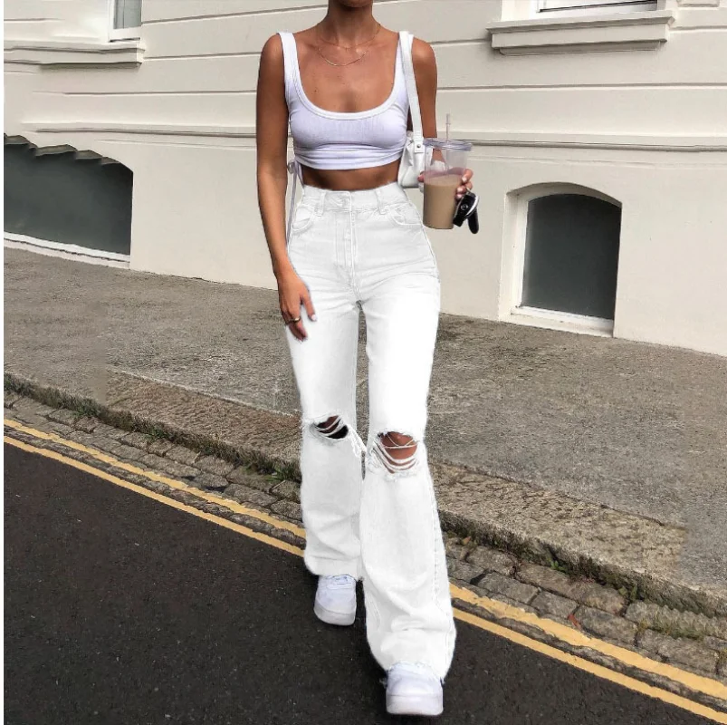 

Casual Jeans Women's Hip-hop High-waist Denim Ripped Trousers Ladies Retro Boyfriend Bell-bottoms Pants Summer Streetwear Women