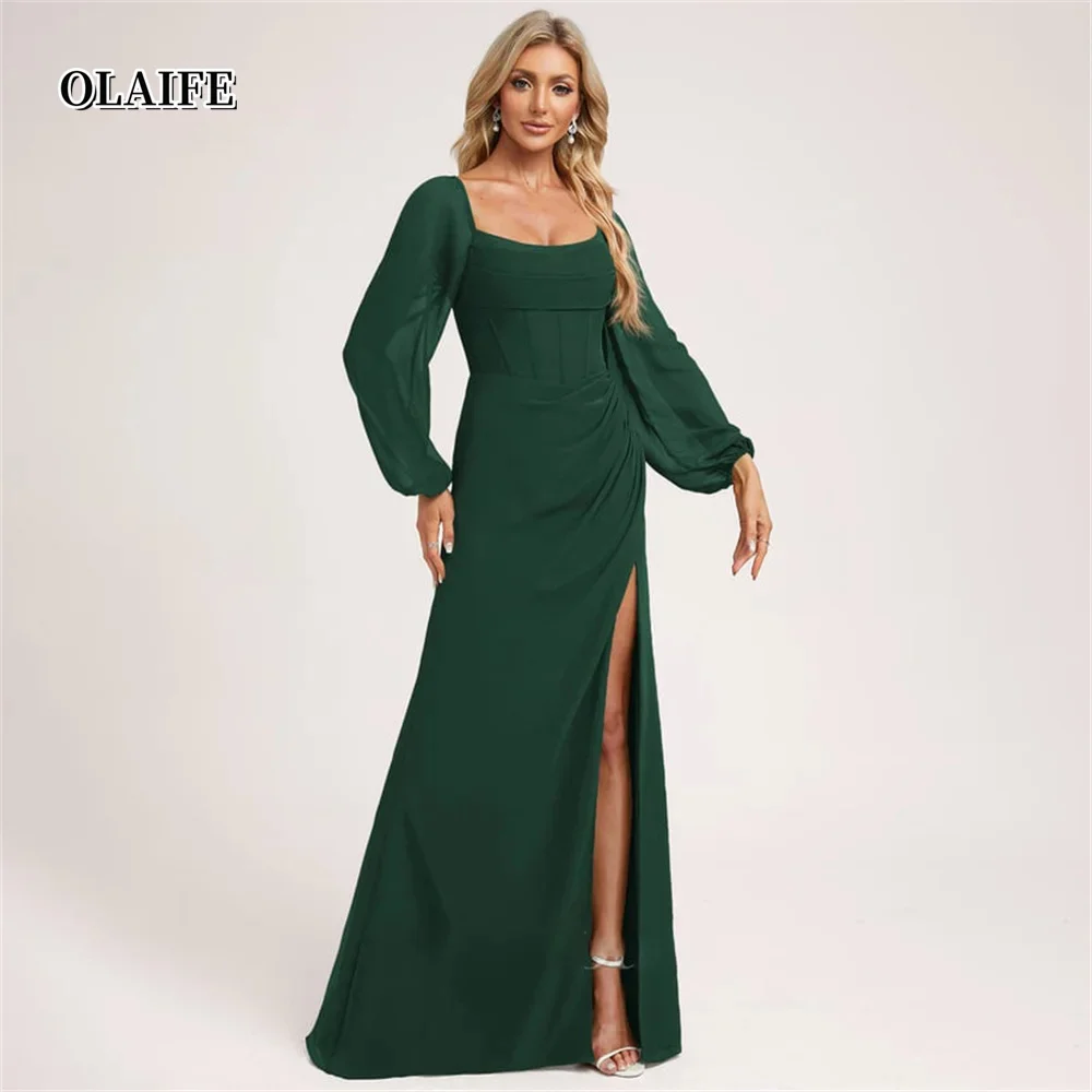 A-line Bridesmaid Dress Scoop Neck Long Sleeves Side Slit Floor-Length Chiffon Bow Back for Weddings