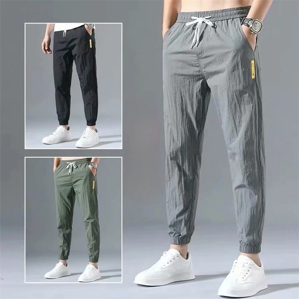 Men's Cotton Linen Pants Summer Cool Casual Long Pants Ice Silk Pants Slim Straight Sports Pants Jogging Pants Men Gym Trousers
